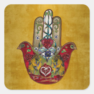 Adesivo Quadrado Ruby Pomegranate Heart Bird Hamsa