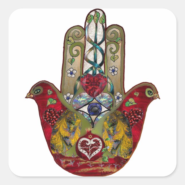 Adesivo Quadrado Ruby Pomegranate Heart Bird Hamsa (Frente)