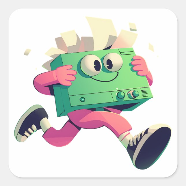 Adesivo Quadrado Running Printer with Flying Papers – Tech Humor (Frente)