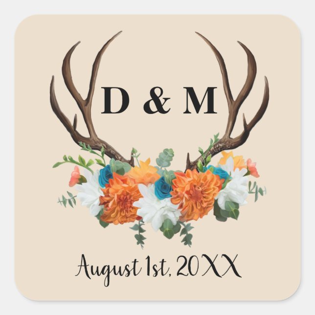 Adesivo Quadrado Rustic Antler Floral Wedding Salvar Data (Frente)