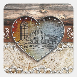 Adesivo Quadrado Rustic Barn Country Heart Sticker