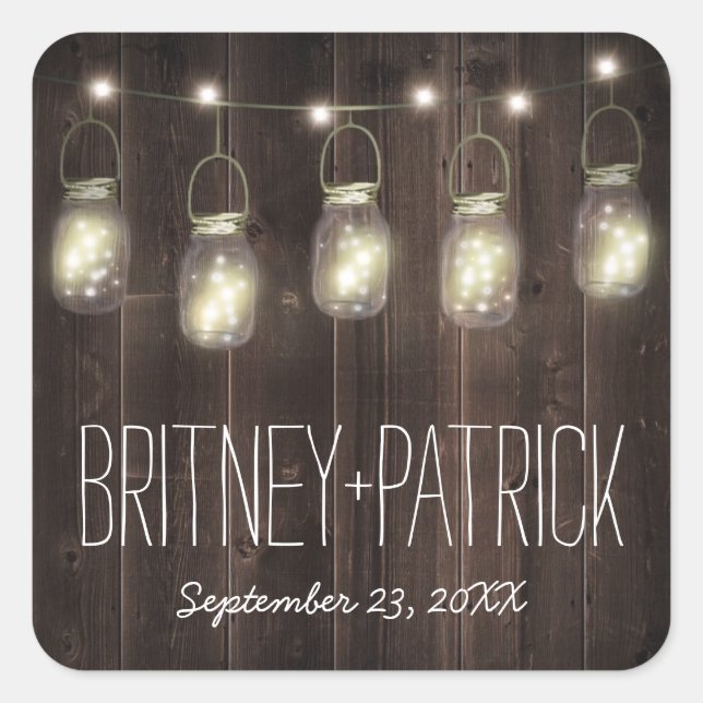 Adesivo Quadrado Rustic Barn Wood Mason Jar Wedding Favor (Frente)