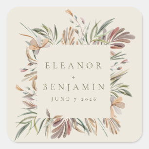 Adesivo Quadrado Rustic Botanical Wreath Earth Nomes de Casamento