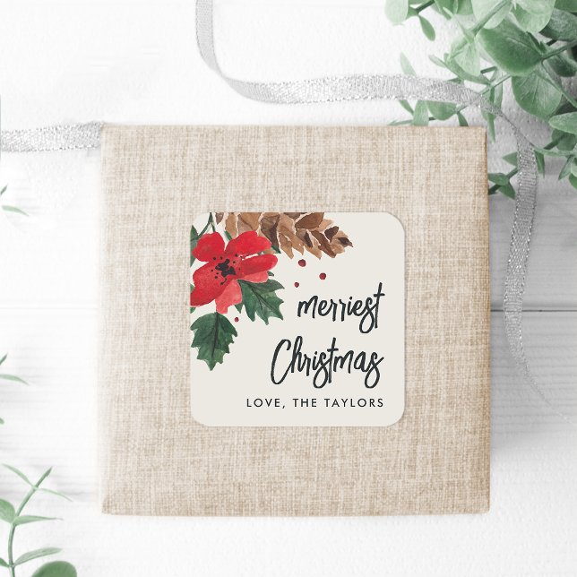 Adesivo Quadrado Rustic Bough | Watercolor Christmas Personalizado (Criador carregado)
