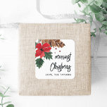 Adesivo Quadrado Rustic Bough | Watercolor Christmas Personalizado<br><div class="desc">Termine seus presentes de Natal e envios com esses adesivos de Natal rústicos com folhas de cor d'água,  flores vermelhas,  cones de pínus e bagas ocas. Personalize com um cartões de natal personalizado e seu nome embaixo.</div>