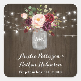 Adesivo Quadrado Rustic Burgundy Blush Floral Mason Jar Wedding