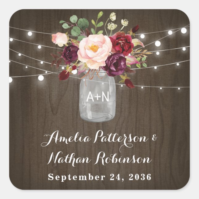 Adesivo Quadrado Rustic Burgundy Blush Floral Mason Jar Wedding (Frente)