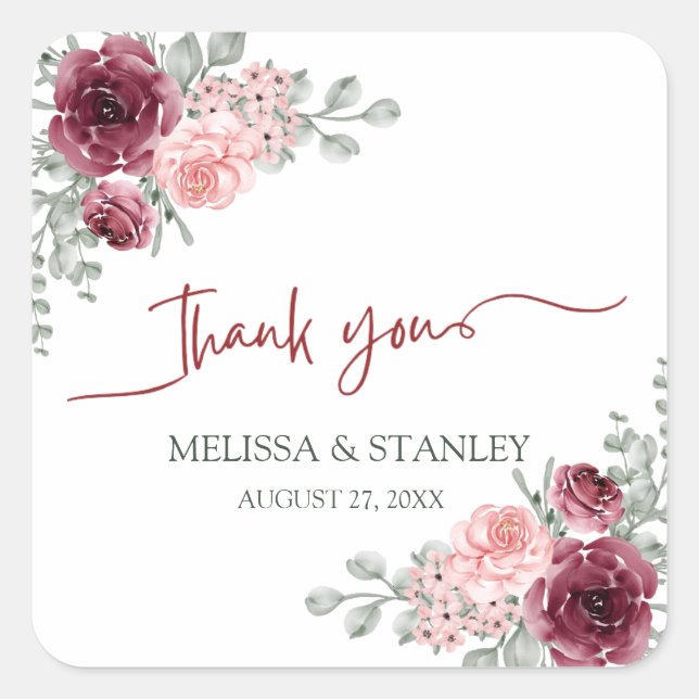 Adesivo Quadrado Rustic Burgundy Marsala e Casamento Floral Rosa (Frente)