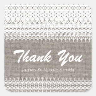 Adesivo Quadrado Rustic Burlap & Elegant Lace Weding Favor