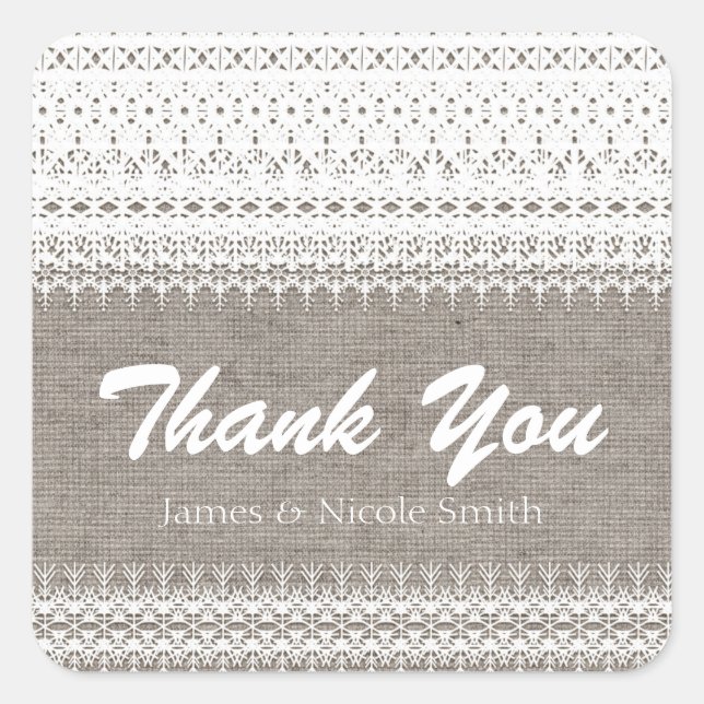 Adesivo Quadrado Rustic Burlap & Elegant Lace Weding Favor (Frente)