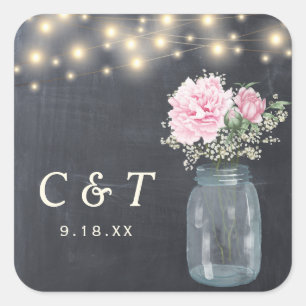 Adesivo Quadrado Rustic Chalkboard Peony Floral Mason Jar