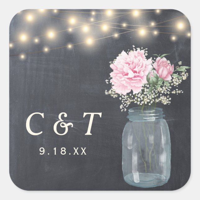Adesivo Quadrado Rustic Chalkboard Peony Floral Mason Jar | (Frente)