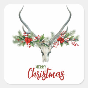 Adesivo Quadrado Rustic Country Reindeer Skull & Garland Natal