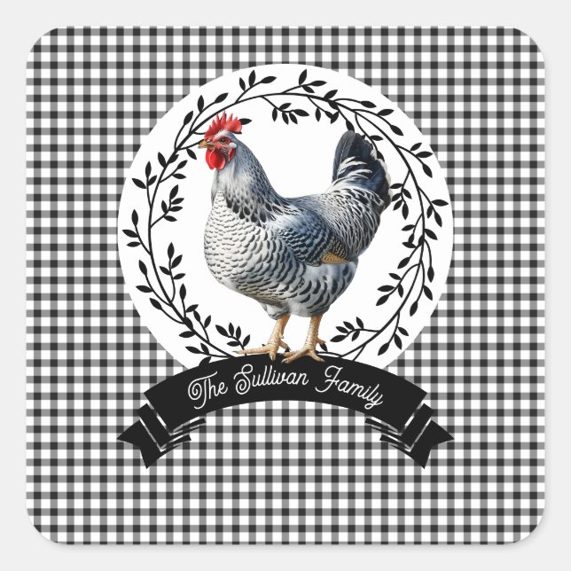 Adesivo Quadrado Rustic Country Rooster Chicken BW Gingham Checks (Frente)