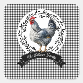 Adesivo Quadrado Rustic Country Rooster Chicken BW Gingham Checks