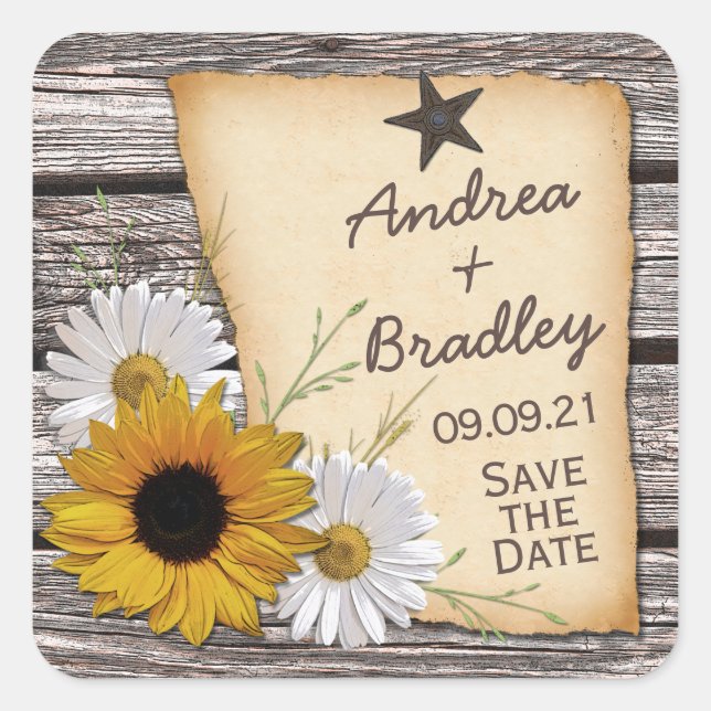 Adesivo Quadrado Rustic Country Sunflow Daisy Wedding Data Salvar (Frente)