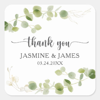 Adesivo Quadrado Rustic Eucalyptus Greenery Wedding Thank You