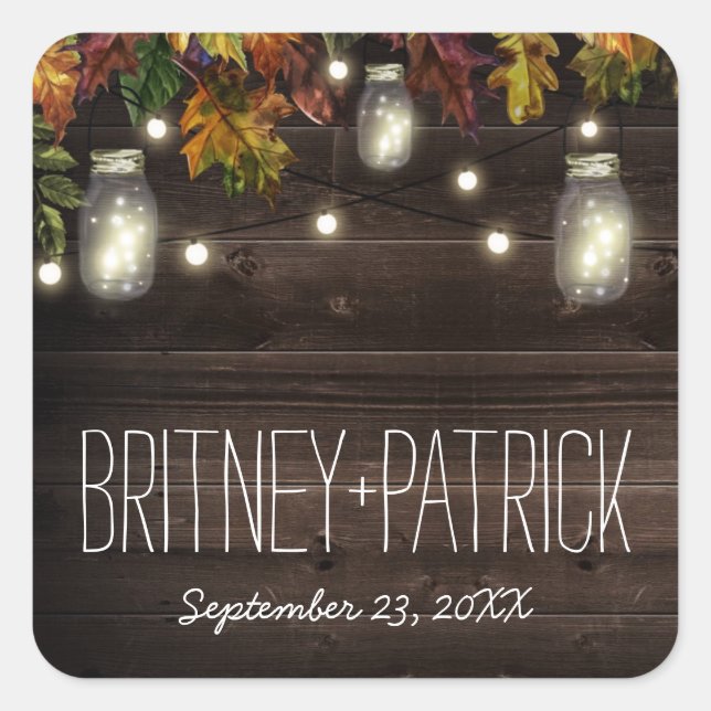 Adesivo Quadrado Rustic Fall Leaf Firefly Mason Jar Wedding Favor (Frente)