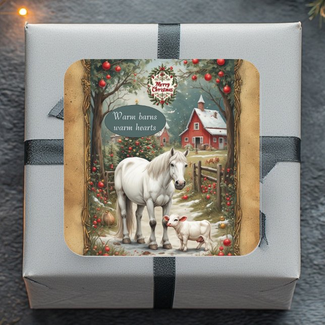Adesivo Quadrado Rustic Farm Horse Lamb Red Barn Merry Christmas  (Rustic Farm Horse Lamb Red Barn Merry Christmas Square Sticker)