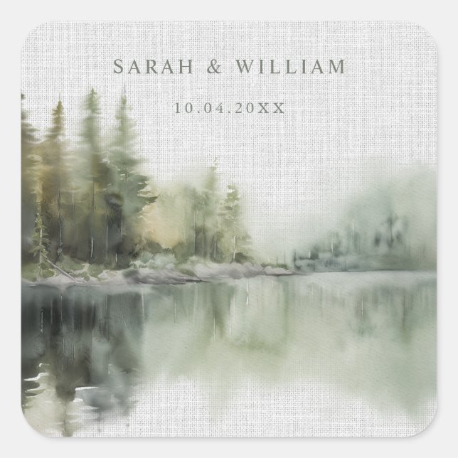 Adesivo Quadrado Rustic green forest Wedding Sticker (Frente)