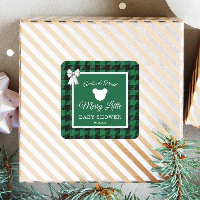 Adesivo Quadrado Rustic Green Plaid Merry Little Baby Shower (Criador carregado)