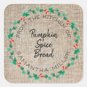 Adesivo Quadrado Rustic Holiday Holly Wreath Kitchen Treats Gift