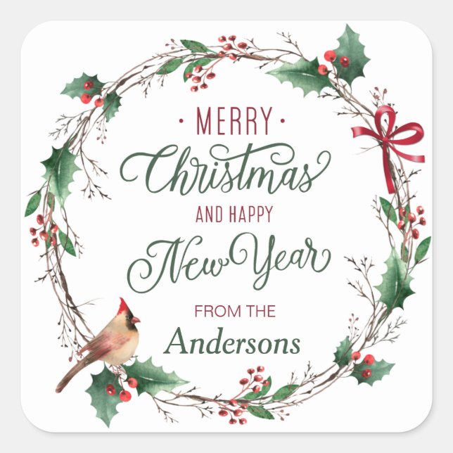 Adesivo Quadrado Rustic Holly Berry Wreath com Bird Personalizado (Frente)
