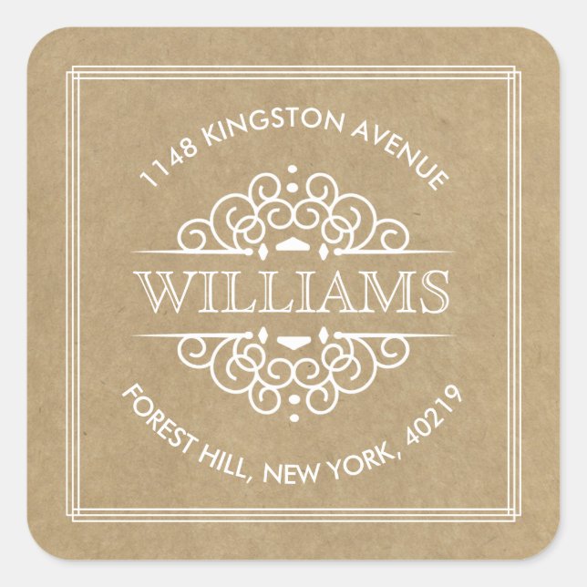 Adesivo Quadrado Rustic Kraft Ornamentado Swirls Endereço de devolu (Frente)