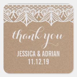 Adesivo Quadrado Rustic Kraft Paper White Lace Weding Favor
