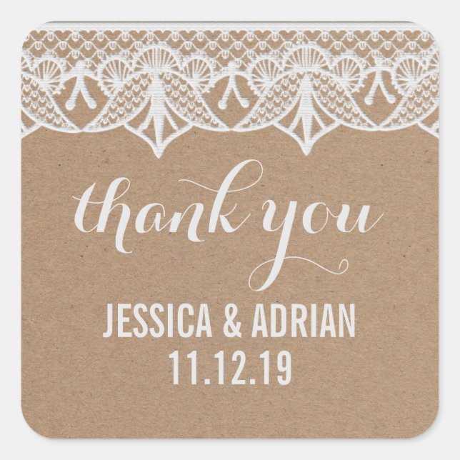 Adesivo Quadrado Rustic Kraft Paper White Lace Weding Favor (Frente)