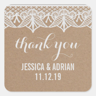 Adesivo Quadrado Rustic Kraft Paper White Lace Weding Favor