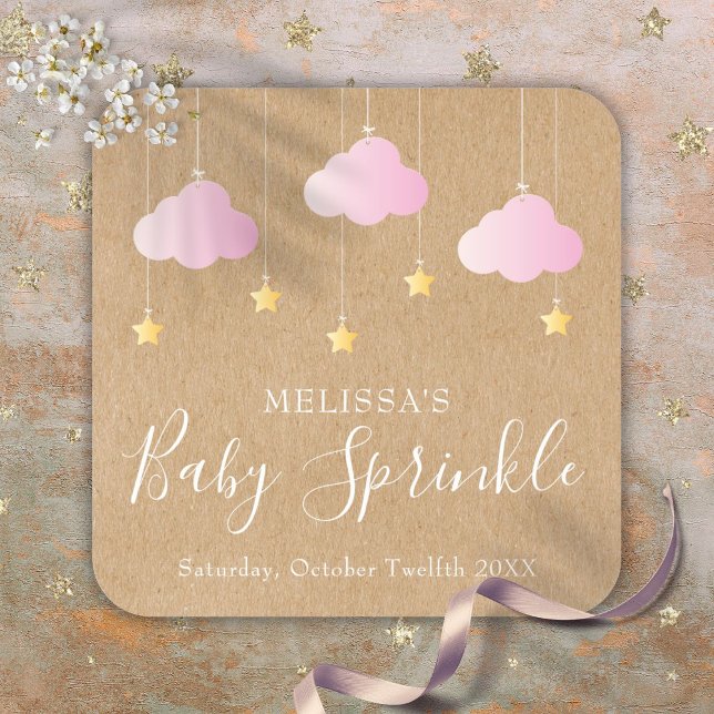 Adesivo Quadrado Rustic Kraft Twinkle Sprinkle Chá de fraldas Rosa (Rustic Kraft Twinkle Sprinkle Baby Shower Pink Square Sticker)