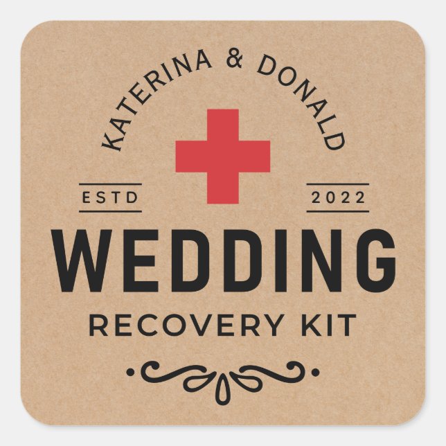 Adesivo Quadrado Rustic Kraft Wedding Hangover Recovery Kit Classif (Frente)