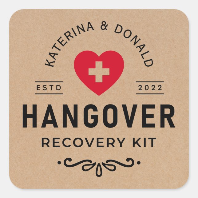 Adesivo Quadrado Rustic Kraft Wedding Hangover Recovery Kit Classif (Frente)