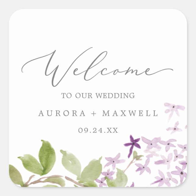 Adesivo Quadrado Rustic Lilac Wedding Welcome (Frente)
