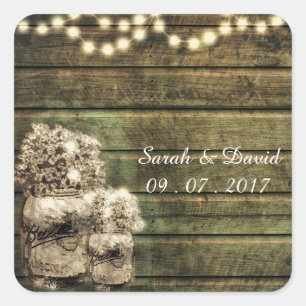 Adesivo Quadrado Rustic Mason Jar com Babies Breath Casamento