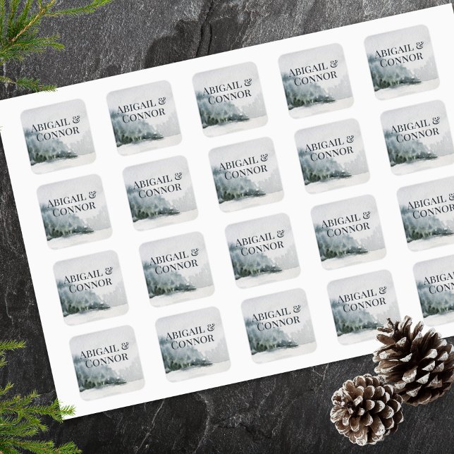 Adesivo Quadrado Rustic Misty Mountain Lake Watercolor (Criador carregado)