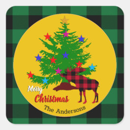 Adesivo Quadrado Rustic Moose, Árvore de Natal, Nome da família, Xa