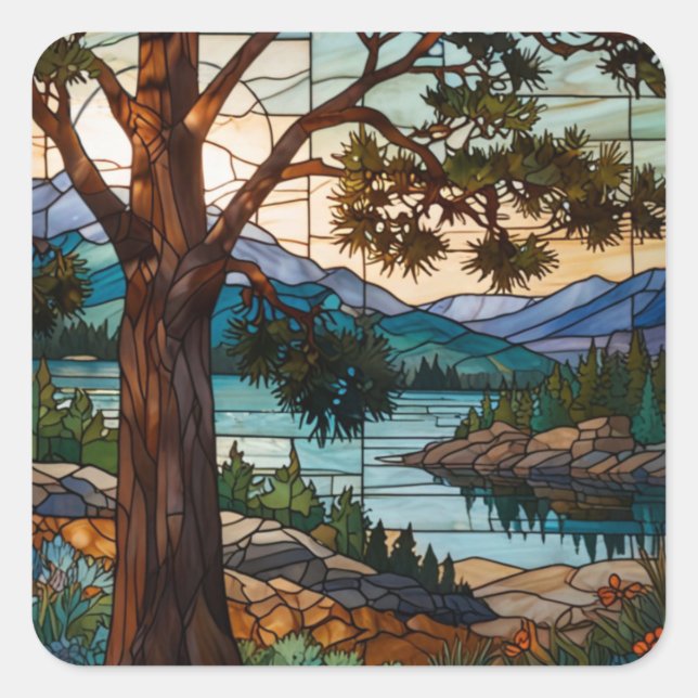 Adesivo Quadrado Rustic mountain range landscape stain glass  (Frente)