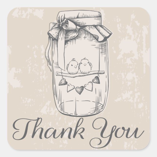 Adesivo Quadrado Rustic Obrigado Mason Jar Hearts Tan Wedding (Frente)
