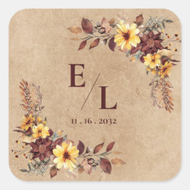 Adesivo Quadrado Rustic Pretty Autumn Fall Floral Monogram Wedding