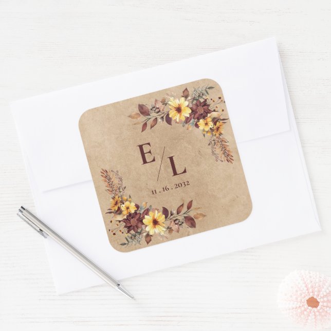 Adesivo Quadrado Rustic Pretty Autumn Fall Floral Monogram Wedding (Envelope)