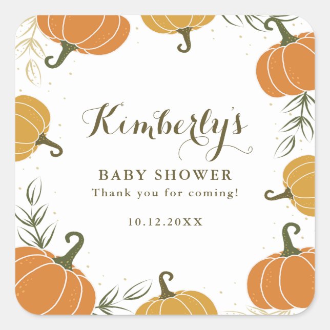 Adesivo Quadrado Rustic Pumpkin & Sai Chá de fraldas Obrigado (Frente)