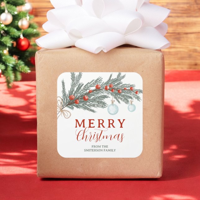 Adesivo Quadrado Rustic Red Berry Evergreen Branch Feliz Natal (Rustic Red Berry Evergreen Branch Merry Christmas Square Sticker)