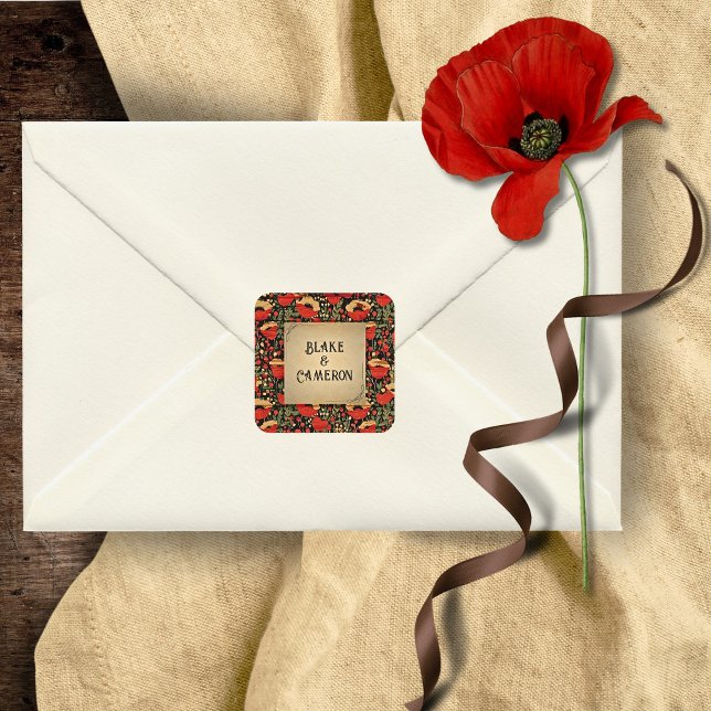 Adesivo Quadrado Rustic Red Poppies Casamento Envelope Sticker Seal (Criador carregado)