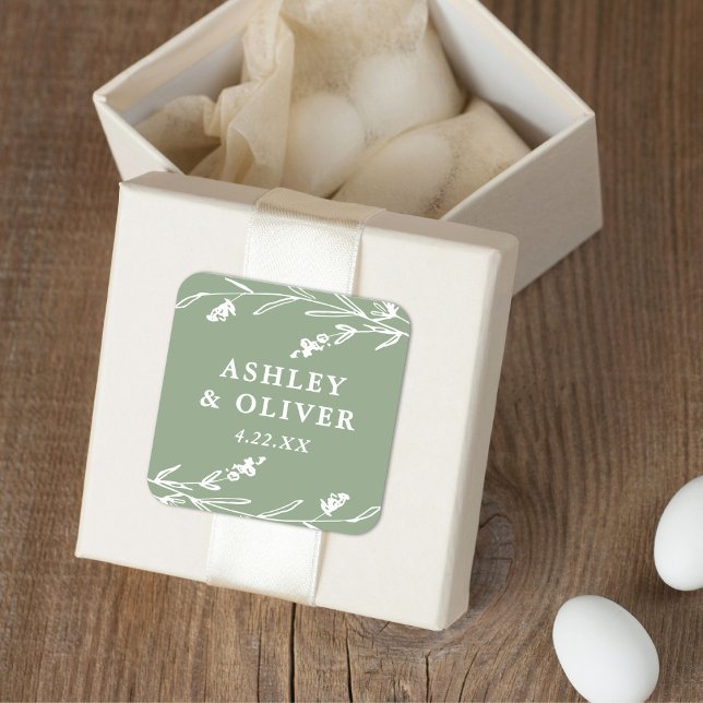 Adesivo Quadrado Rustic Sage Green Wildflower Weding Favor (Criador carregado)