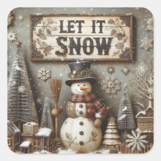 Adesivo Quadrado Rustic Snowman "Let It Snow"