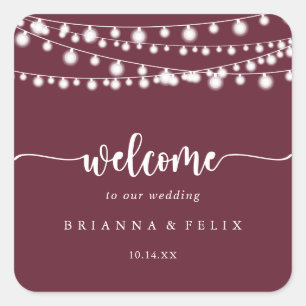 Adesivo Quadrado Rustic String Lights Burgundy Wedding Welcome