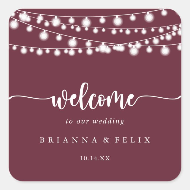 Adesivo Quadrado Rustic String Lights Burgundy Wedding Welcome (Frente)