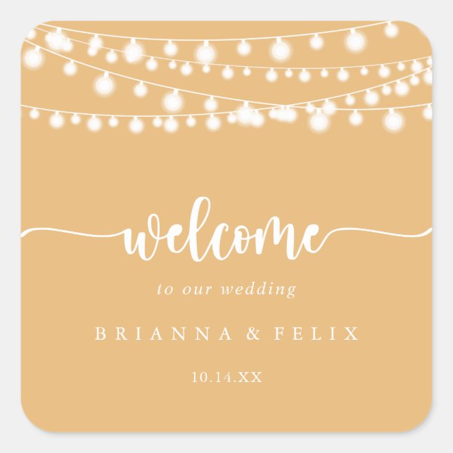 Adesivo Quadrado Rustic String Lights Yellow Wedding Welcome (Frente)